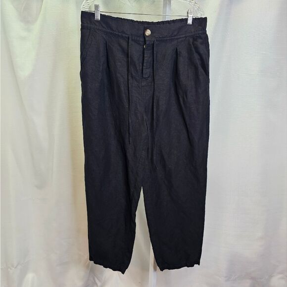 LOFT Beach Black Linen Blend Relaxed Cropped Pants Size Large - Picture 1 of 9